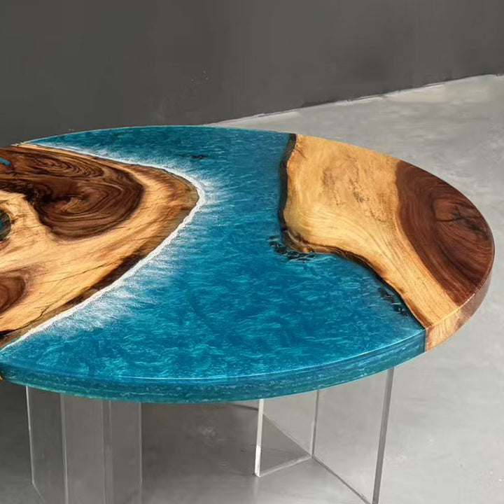 Seawavetable-Epoxy ocean table featuring walnut wood and blue resin waves