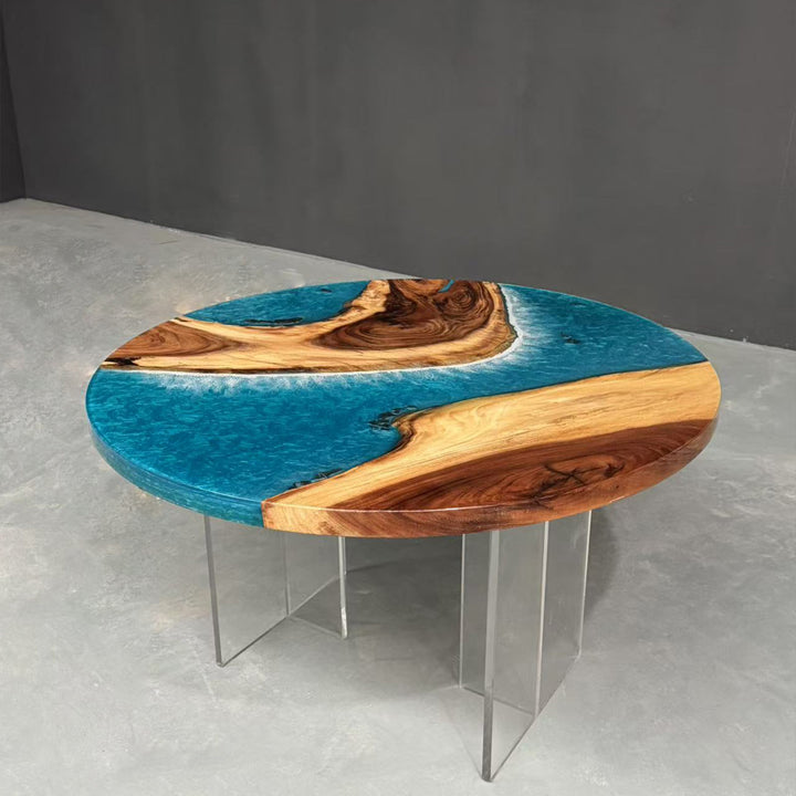 Seawavetable-Modern round epoxy resin table with walnut and blue resin river
