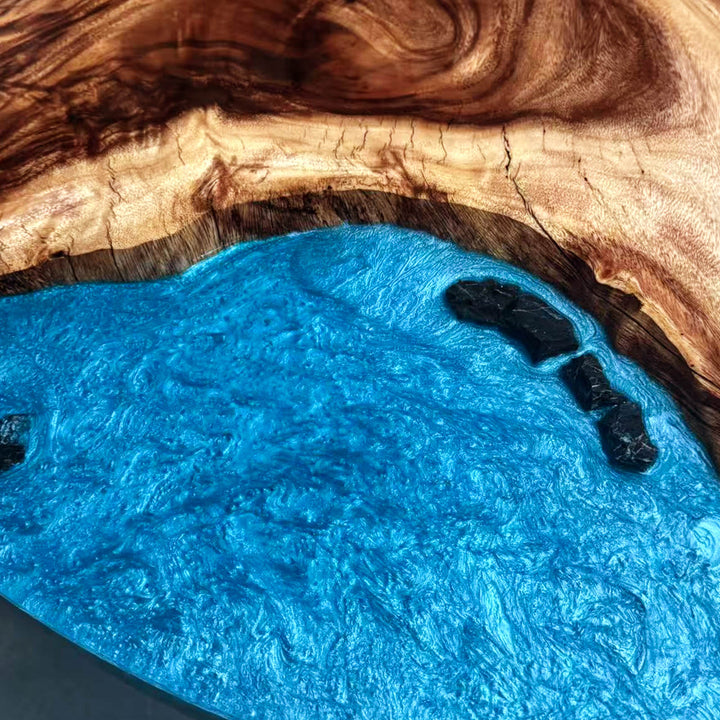 Seawavetable-Walnut round epoxy dining table with stunning resin ocean effect