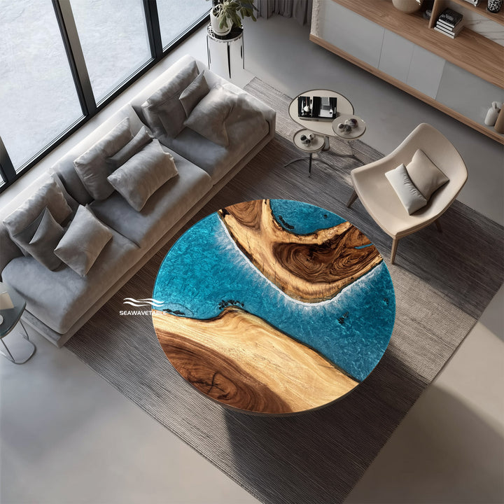 Seawavetable-Ocean-inspired epoxy resin coffee table with walnut wood grain