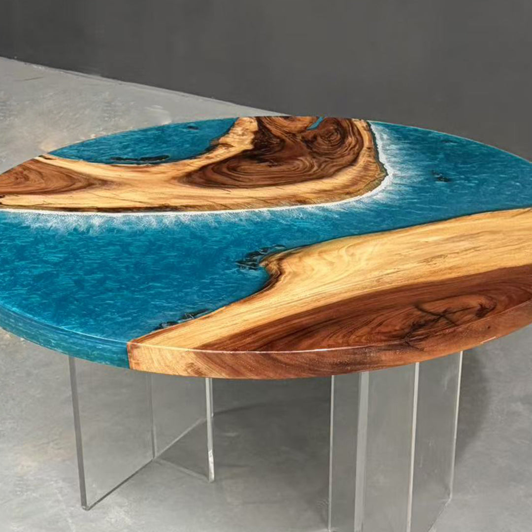Seawavetable-Handmade walnut epoxy round dining table with ocean theme