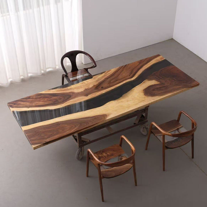 Seawavetable-Natural wood grain and resin river dining table in rich walnut