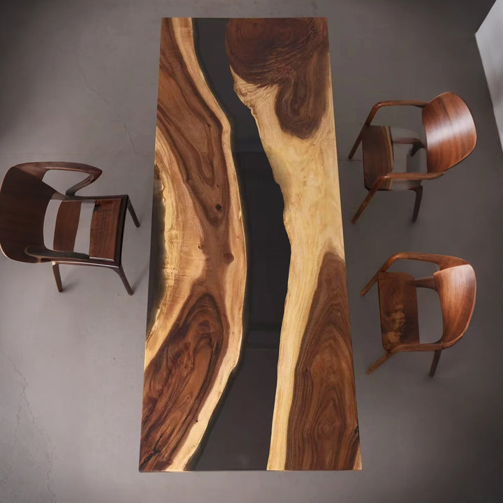 Seawavetable-Close-up of walnut epoxy table featuring a smoky transparent resin center