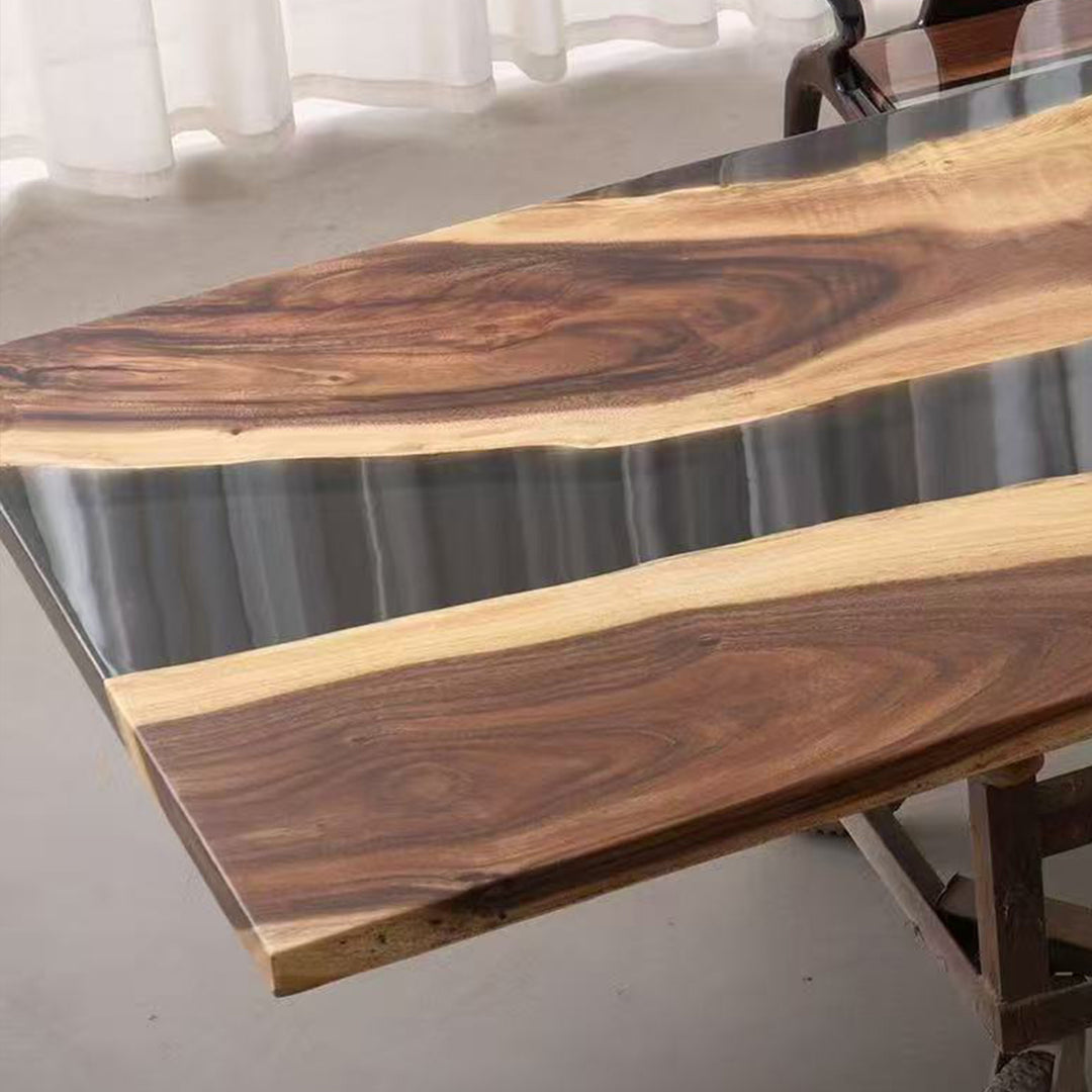 Seawavetable-Epoxy river table with walnut slabs and smooth translucent finish