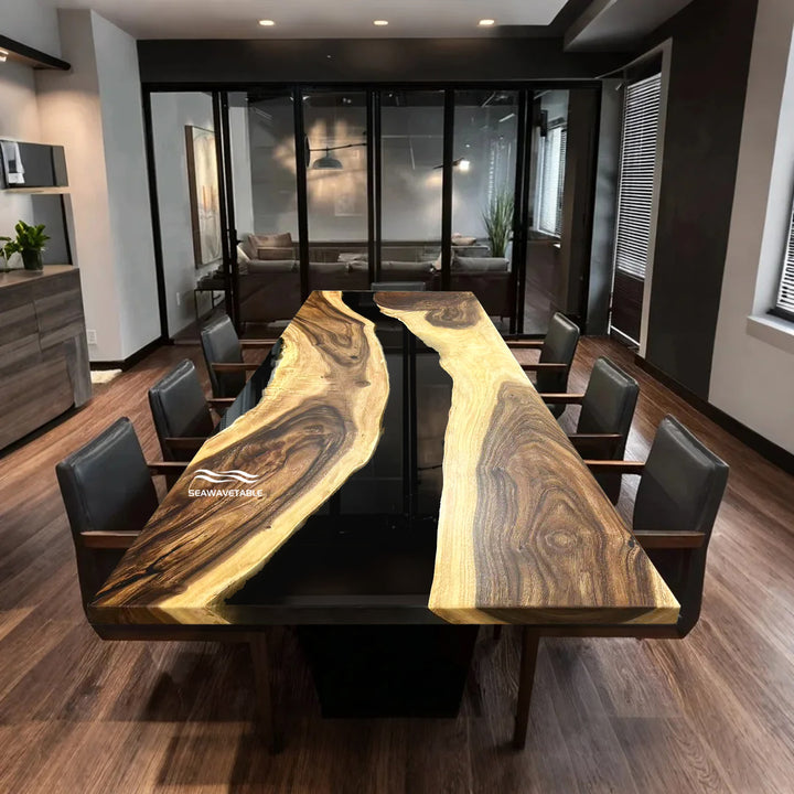 Seawavetable-Walnut wood and translucent resin river table with straight edge design