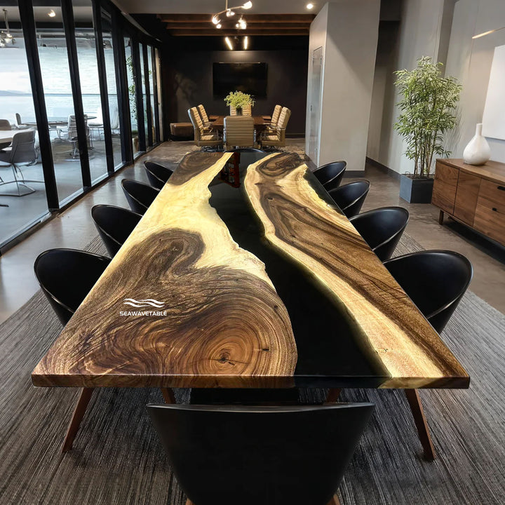 Seawavetable-Modern walnut wood dining table with black translucent epoxy river