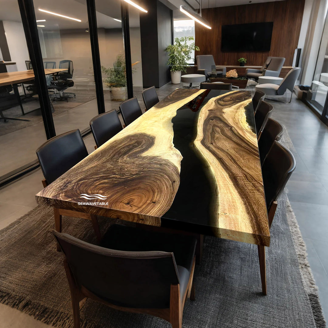 Seawavetable-Custom walnut table with semi-transparent resin inlay