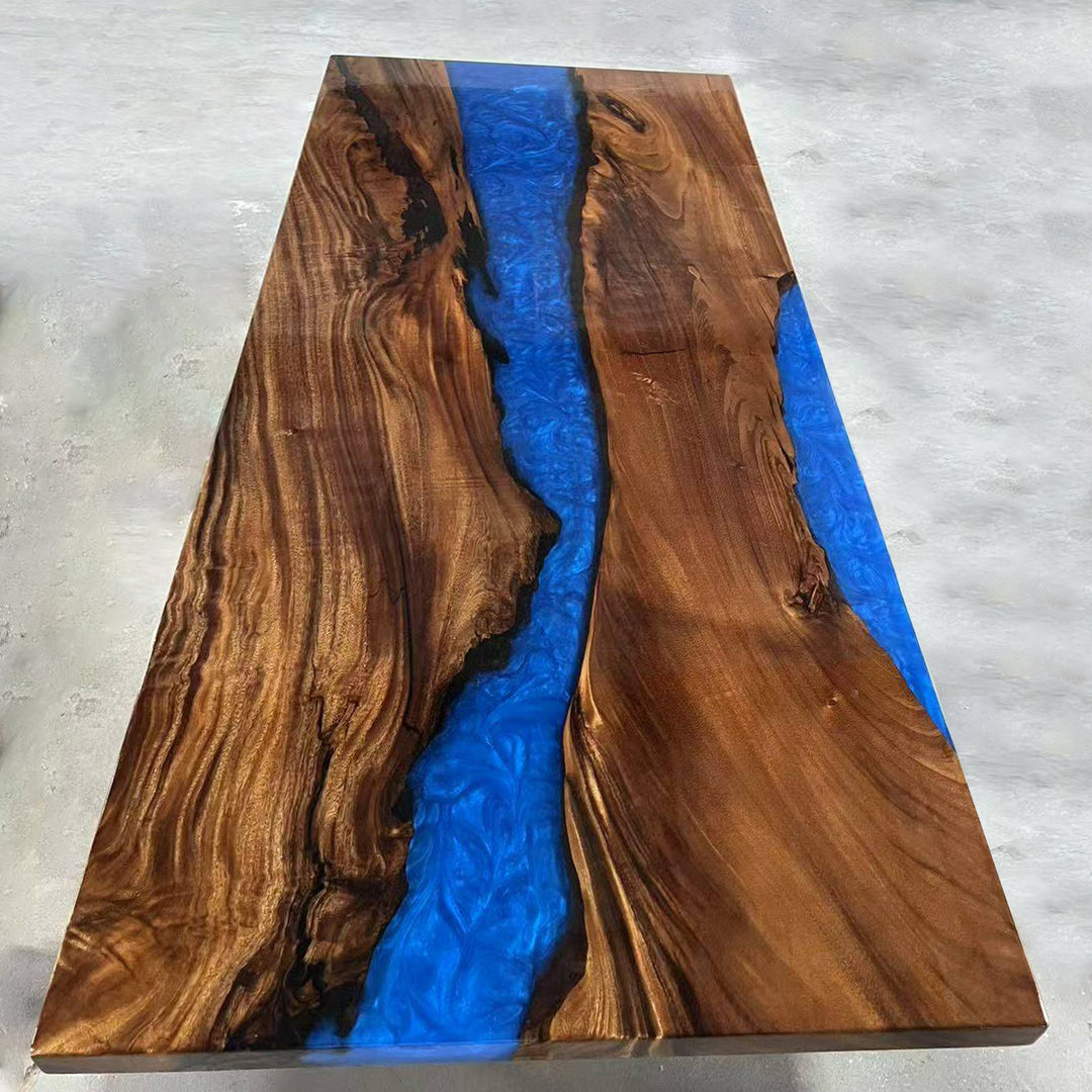 Seawavetable-Epoxy dining table made from walnut wood and blue epoxy