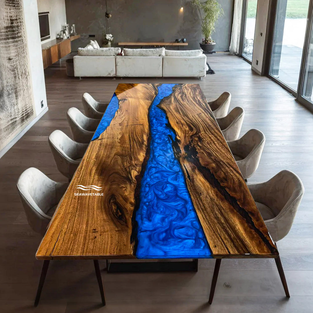 Seawavetable-Walnut wood epoxy river table with deep blue resin