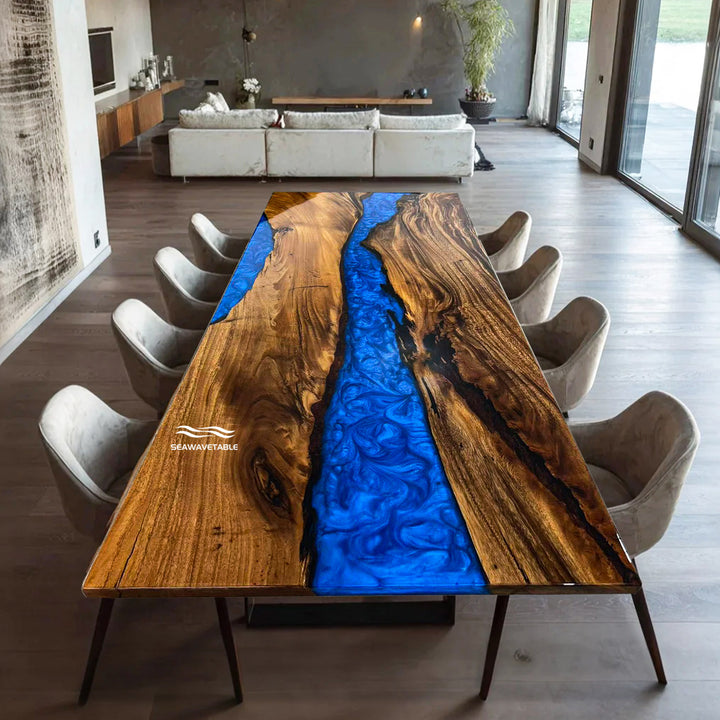 Seawavetable-Walnut wood epoxy river table with deep blue resin