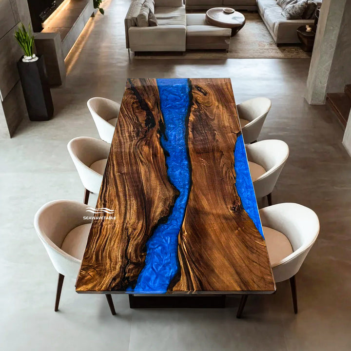 Seawavetable-Custom walnut epoxy resin table with straight edges