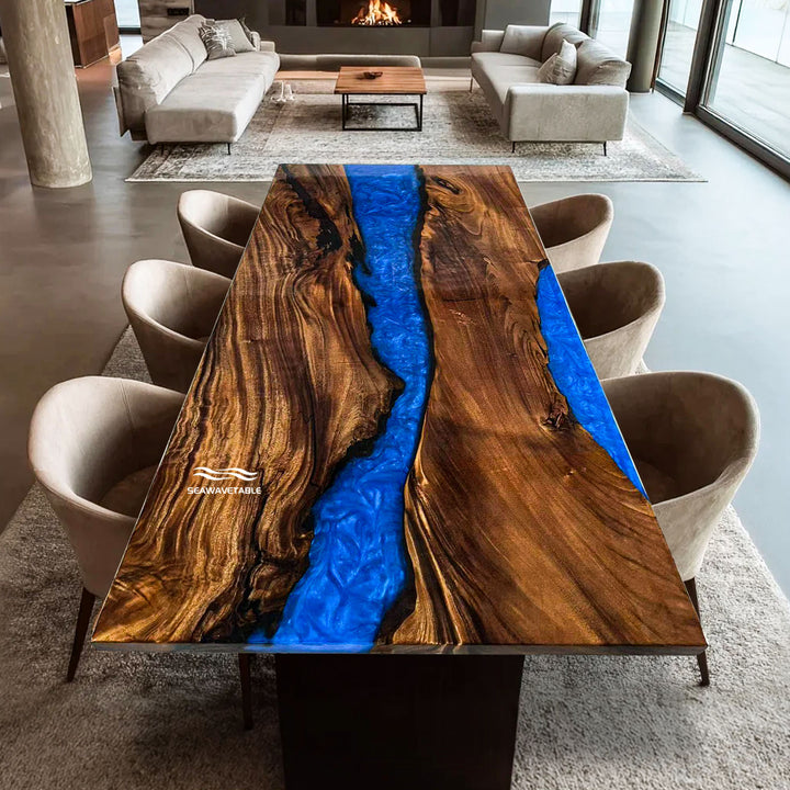 Custom Walnut Wood Dining Table with Vibrant Blue Epoxy River CRT-066