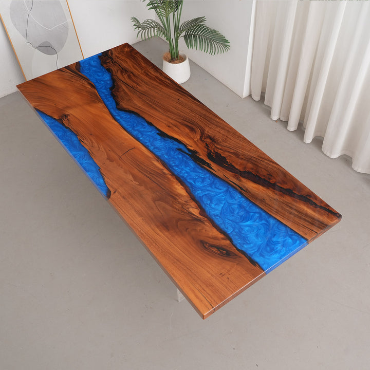 Seawavetable-Sleek rectangular epoxy river table in walnut wood