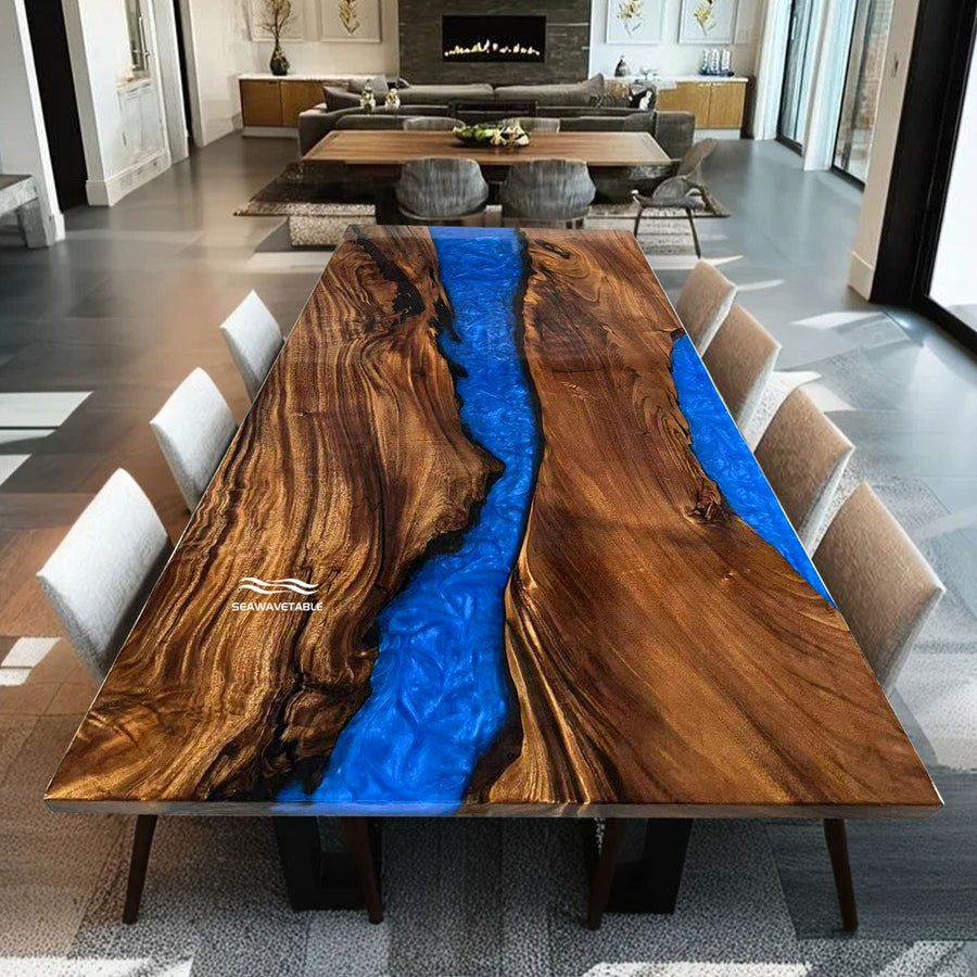 Seawavetable-Walnut wood epoxy river table with deep blue resin