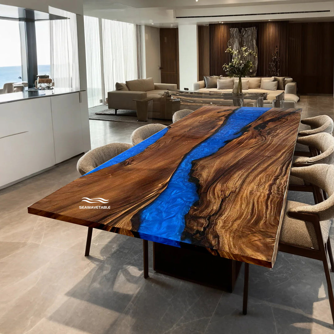Seawavetable-Deep blue epoxy table with solid walnut wood top