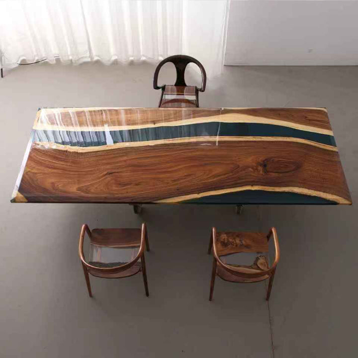 Seawavetable-High-gloss epoxy resin table featuring natural walnut slabs