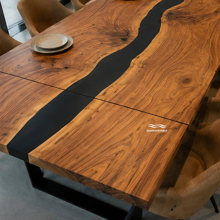 Seawavetable‑Extended walnut river dining table matching extension leaves opaque black epoxy straight edge all matte surface
