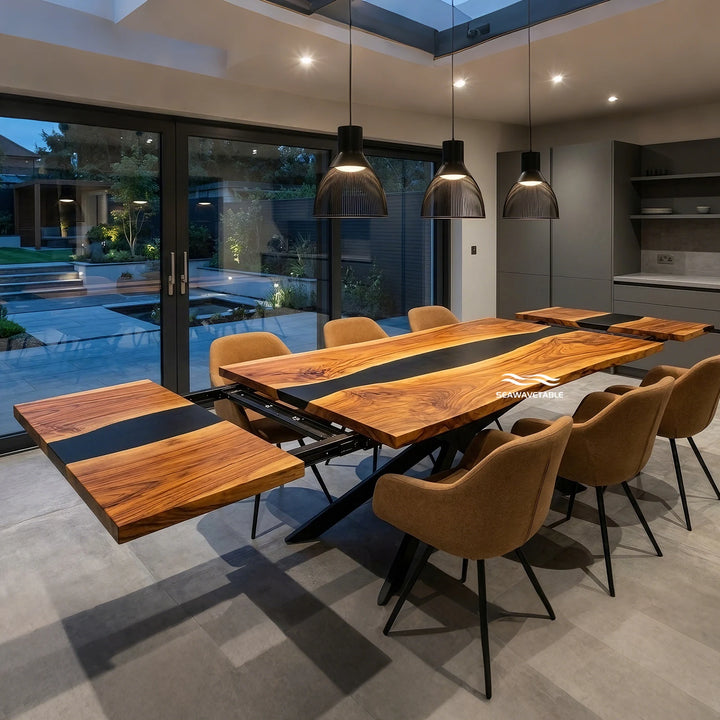 Seawavetable‑Retracted walnut fold‑out dining table solid opaque black epoxy river fully matte finish natural wood grain detail