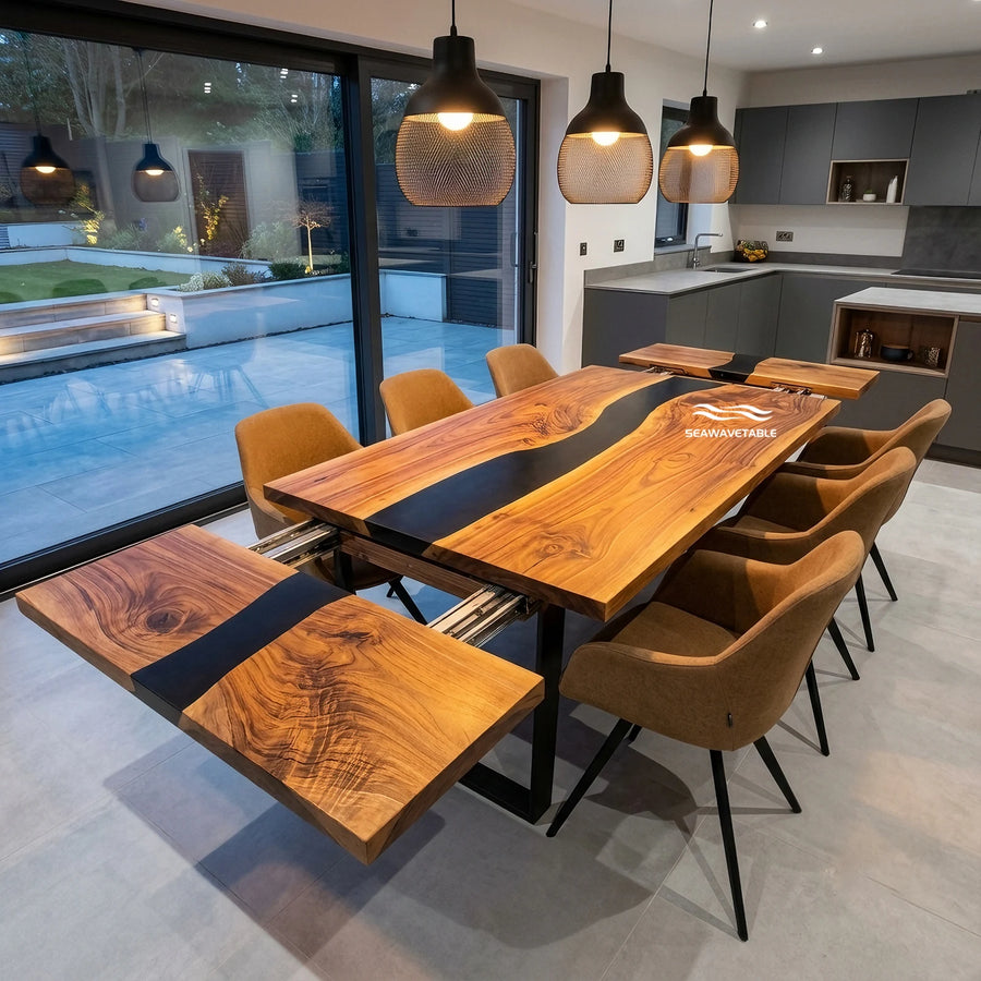 Seawavetable‑Walnut extendable dining table opaque black epoxy river straight edge fold out leaves fully matte finish modern open kitchen