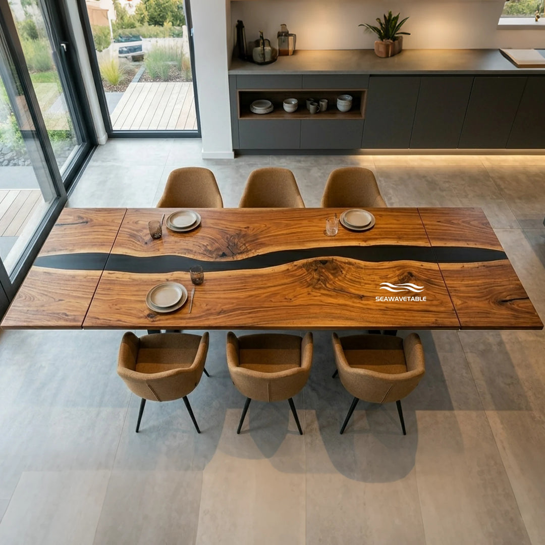 Seawavetable‑Walnut epoxy extendable table opaque black resin river straight‑edge top fully matte surface metal legs dining room interior
