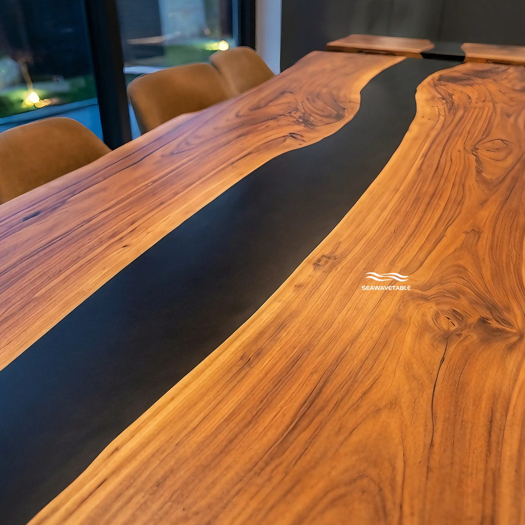 Seawavetable‑Fully matte walnut extendable table opaque black epoxy river seam straight‑edge custom handmade dining furniture
