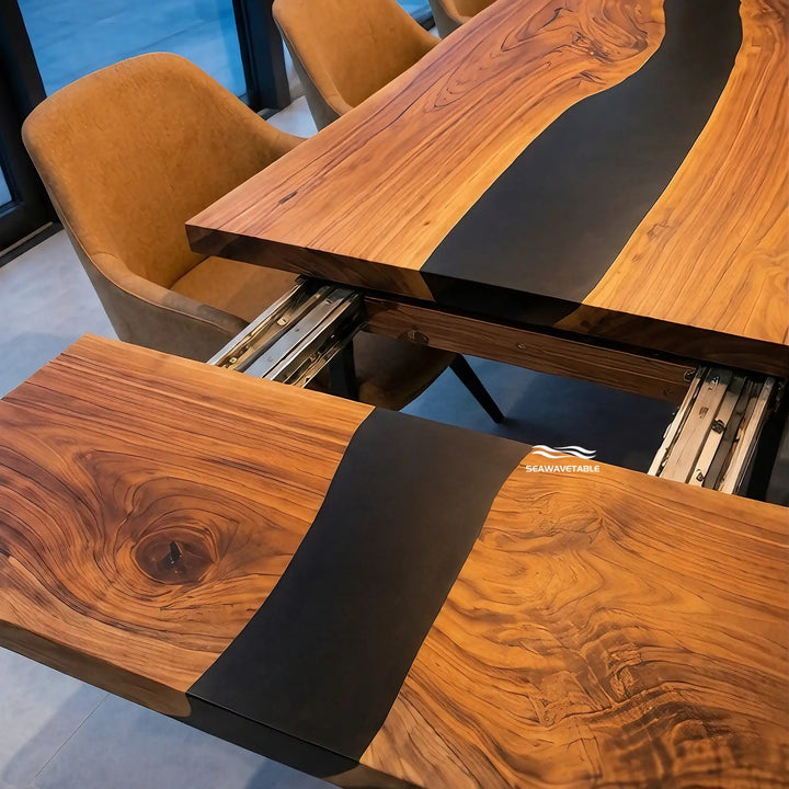 Seawavetable‑Modern open plan interior walnut fold‑out river table fully matte opaque black epoxy resin dining setup
