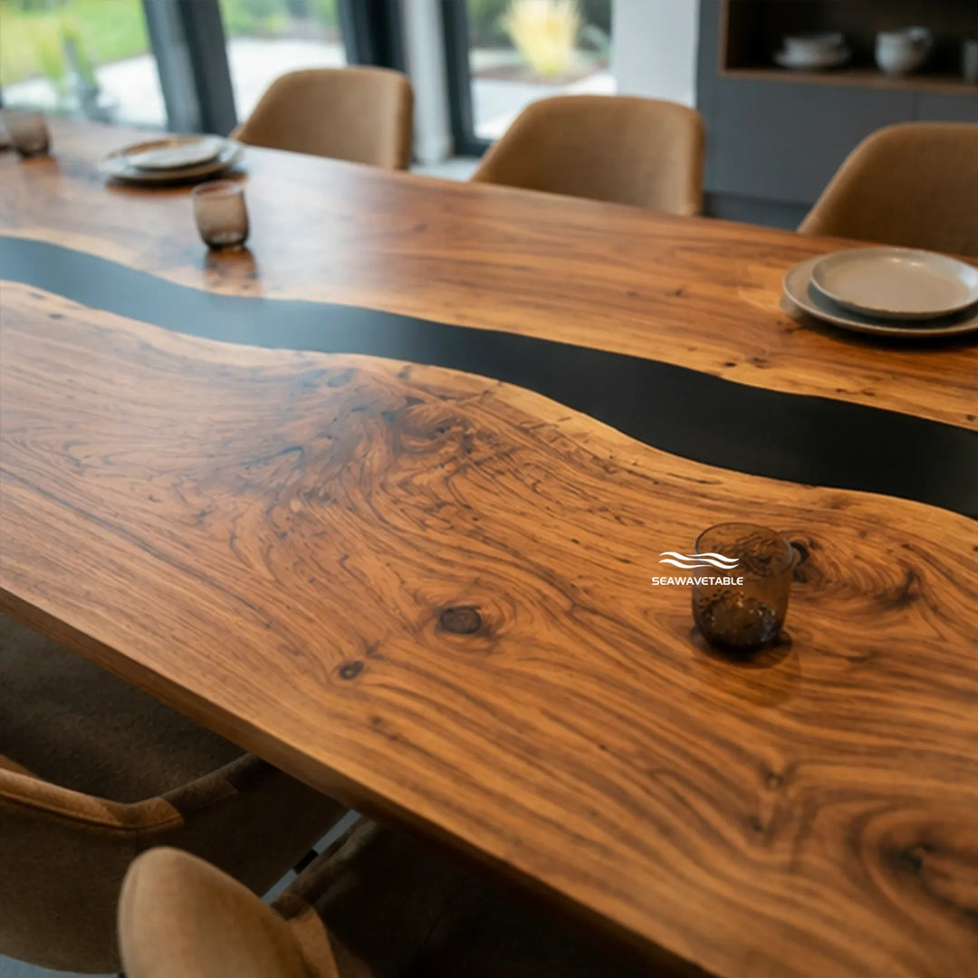 Seawavetable‑Retracted compact view custom walnut fold‑out dining table opaque black epoxy river all‑matte straight‑edge tabletop metal base