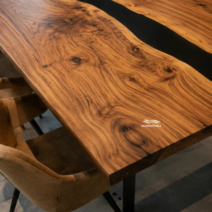 Seawavetable‑Luxury custom dining furniture walnut fold‑out table all‑matte opaque black epoxy river straight edge in bright contemporary home