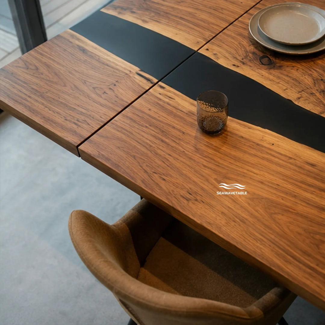 Seawavetable‑Handcrafted solid walnut expandable dining table fully matte opaque black resin river straight edge ready for family dinner gatherings