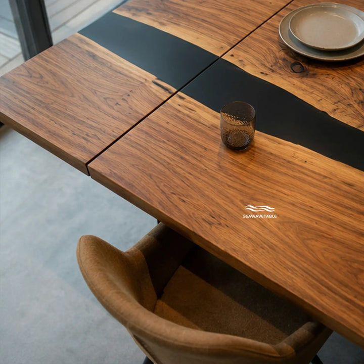 Seawavetable‑Handcrafted solid walnut expandable dining table fully matte opaque black resin river straight edge ready for family dinner gatherings