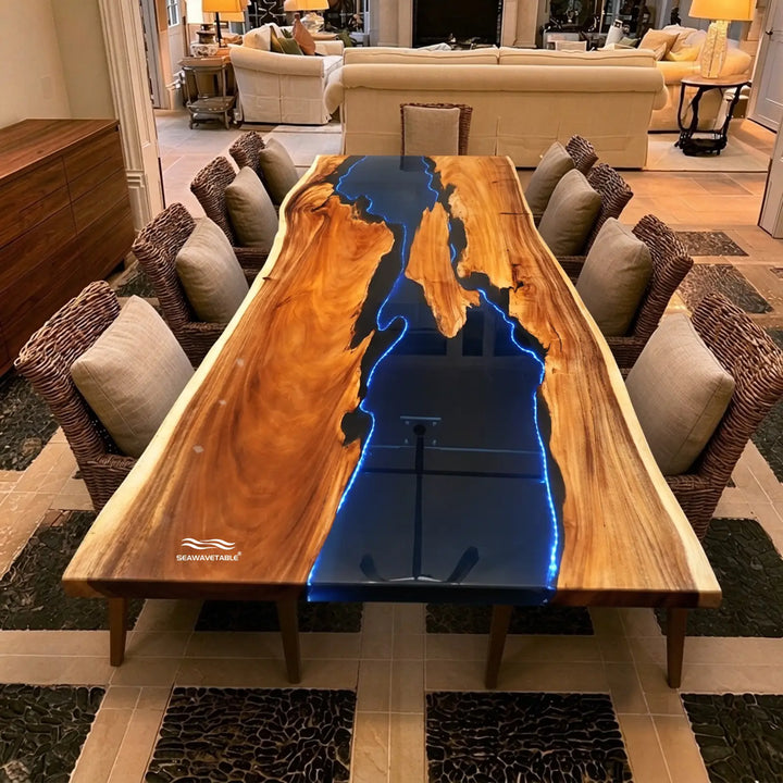 Seawavetable- live edge walnut blue LED epoxy river dining table high gloss