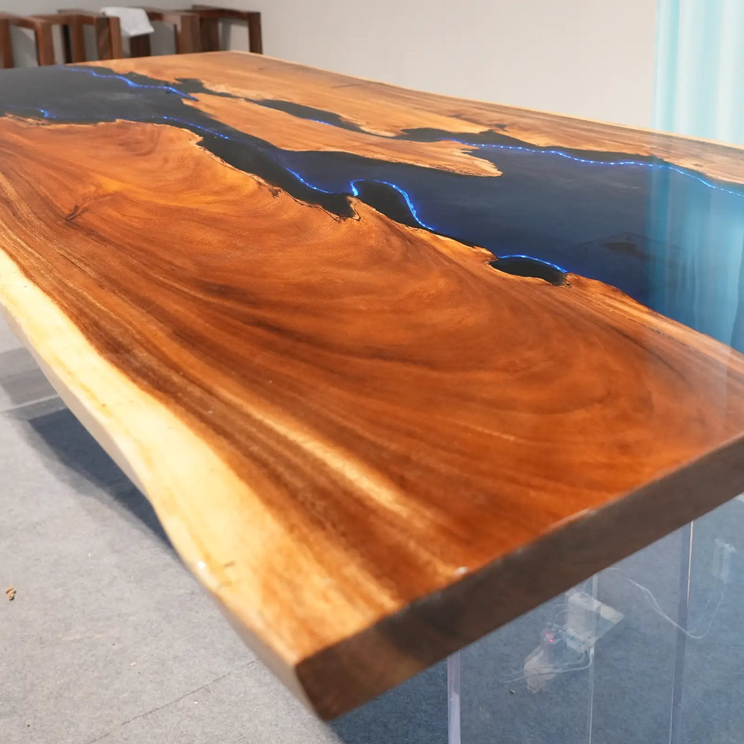 Seawavetable- artistic blue epoxy river table with LED lighting walnut