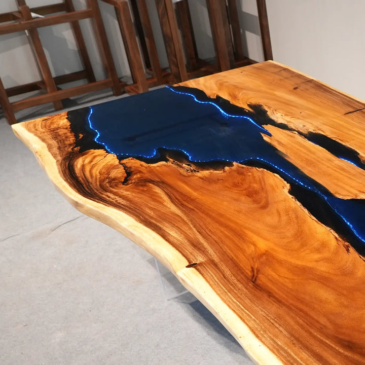Seawavetable- reflective high gloss walnut resin river table with LED