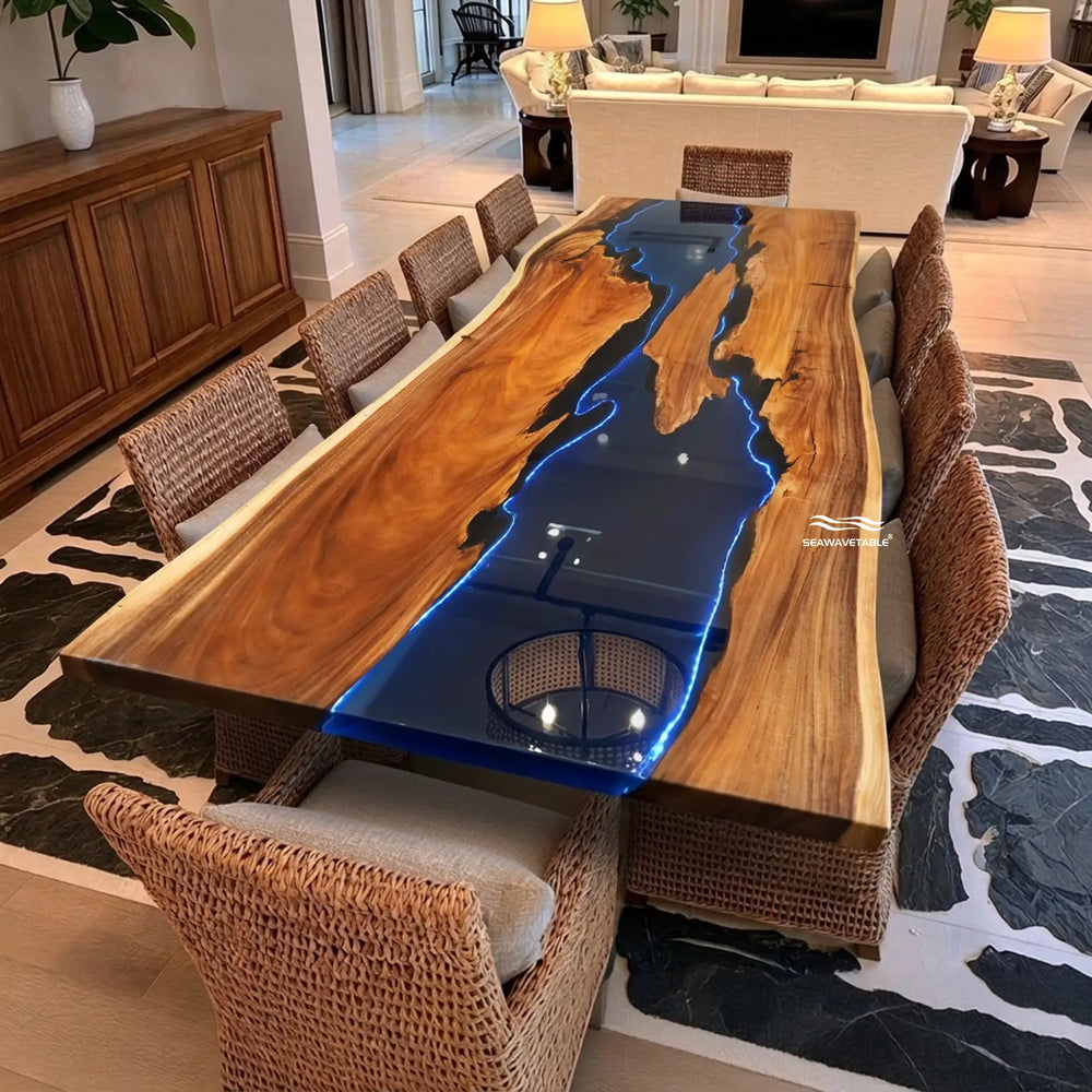 Seawavetable- glowing blue resin river table with built-in LED light strips
