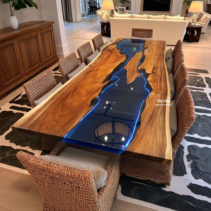 Seawavetable- glowing blue resin river table with built-in LED light strips