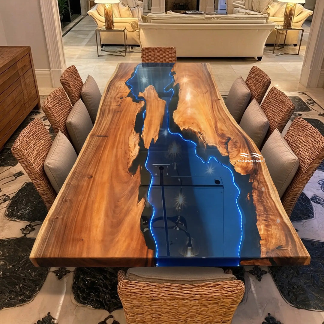 Seawavetable- solid walnut live edge epoxy dining table for family gathering