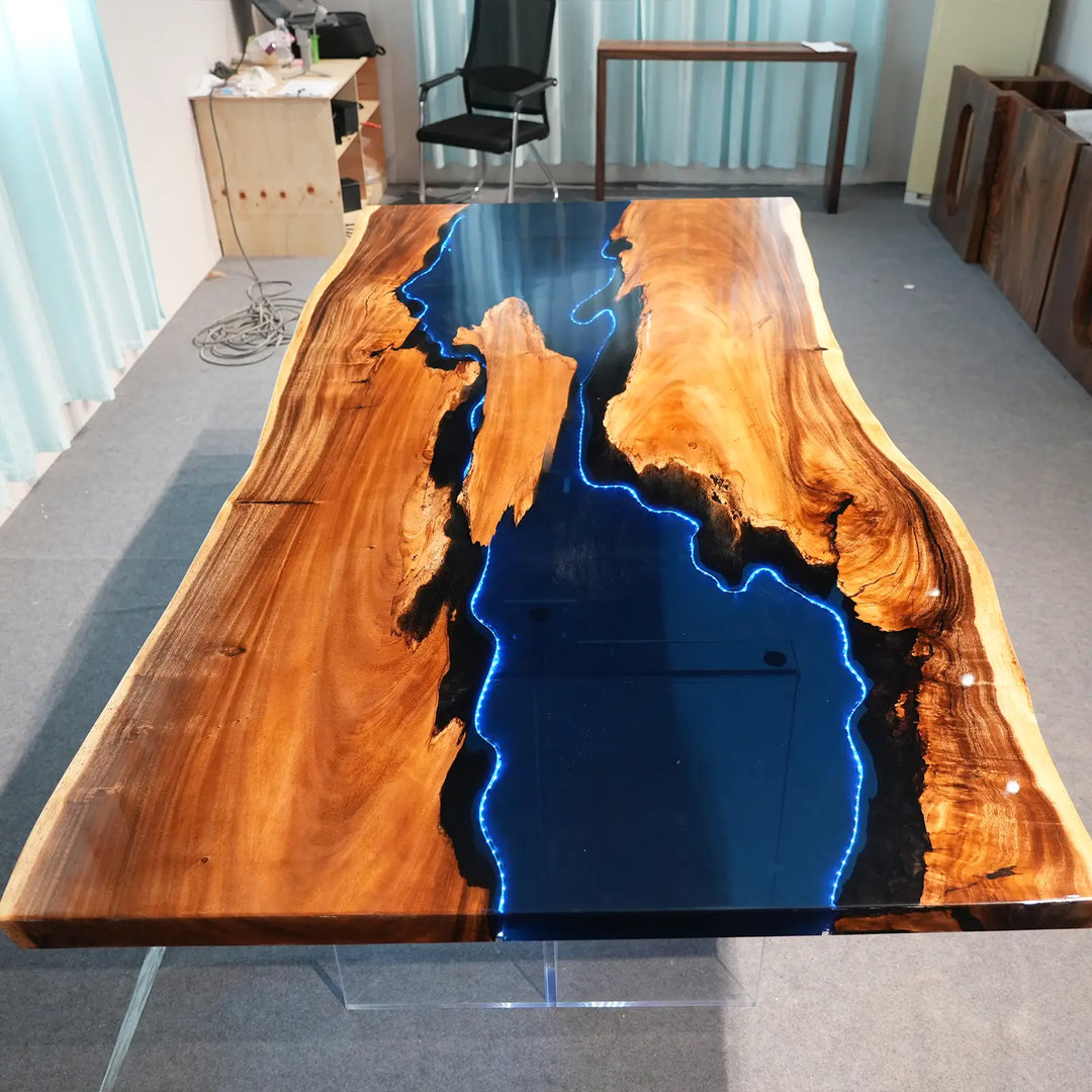 Seawavetable- high gloss walnut epoxy river statement table with LED