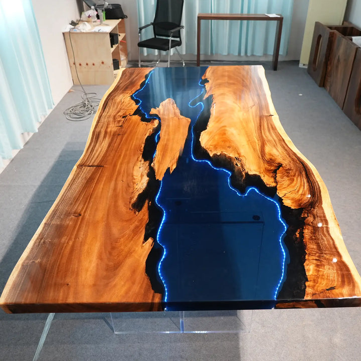 Seawavetable- high gloss walnut epoxy river statement table with LED
