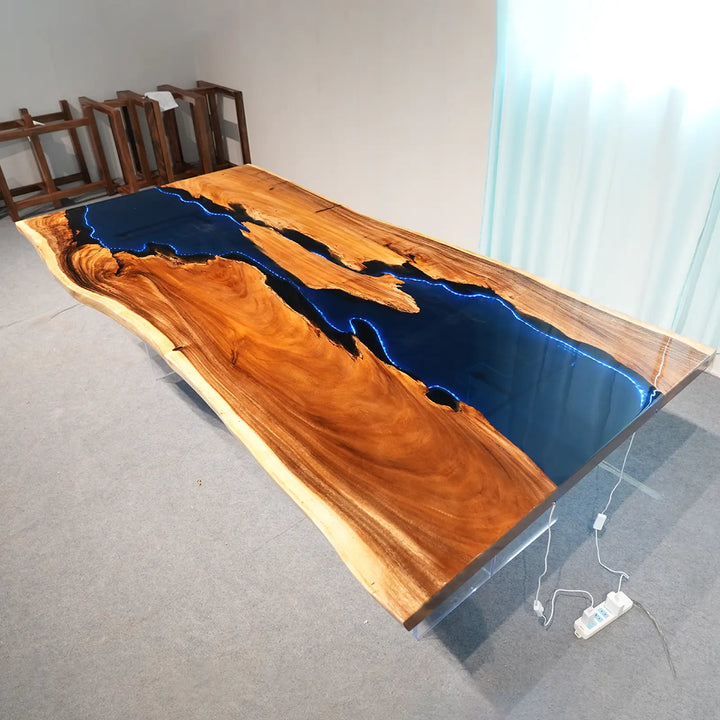 Seawavetable- natural live edge walnut epoxy table glowing river design
