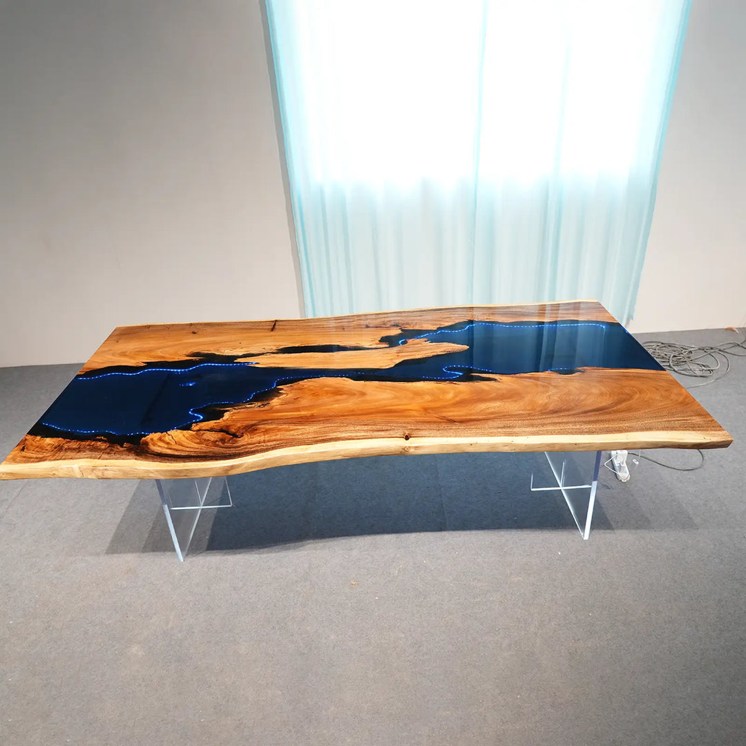 Seawavetable- modern glowing blue resin walnut dining table high gloss top