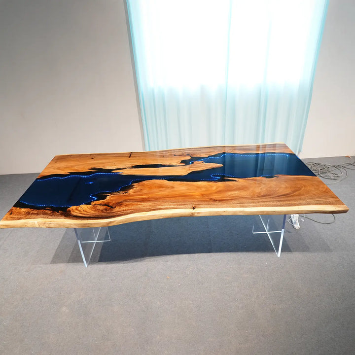 Seawavetable- modern glowing blue resin walnut dining table high gloss top