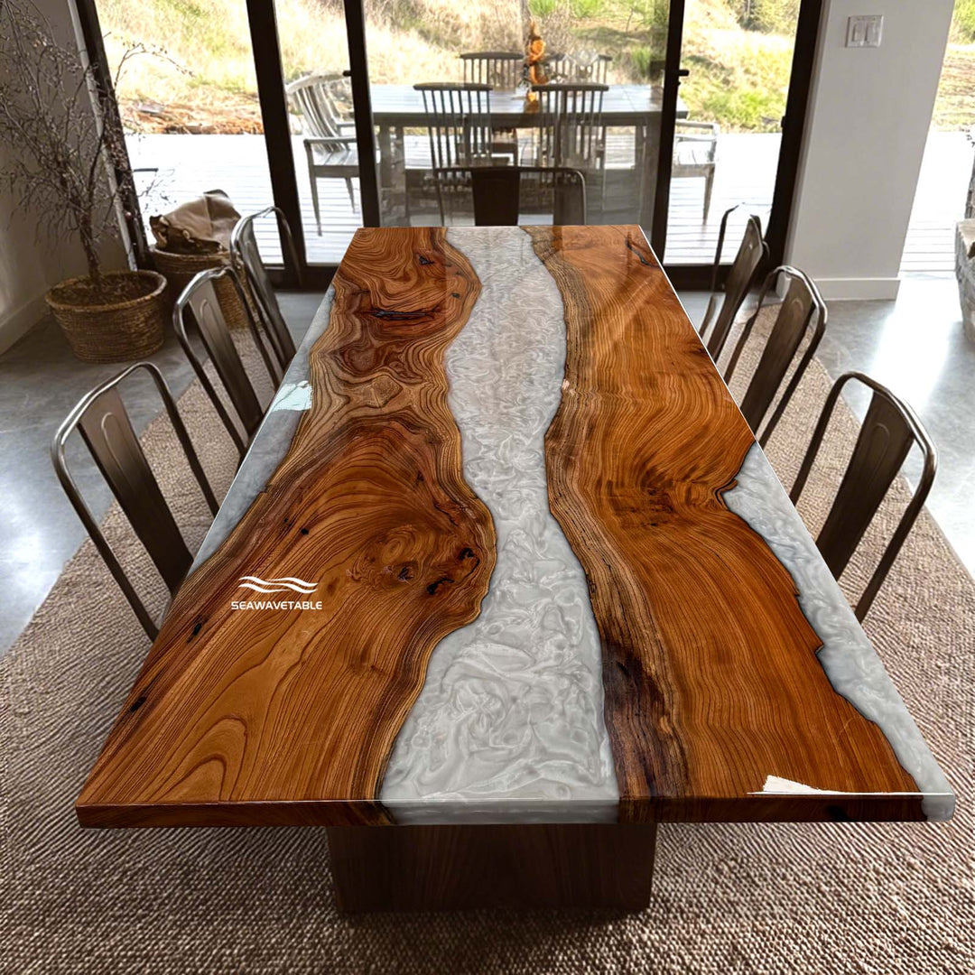 Seawavetable-Glossy white resin beech wood table with modern design – DE