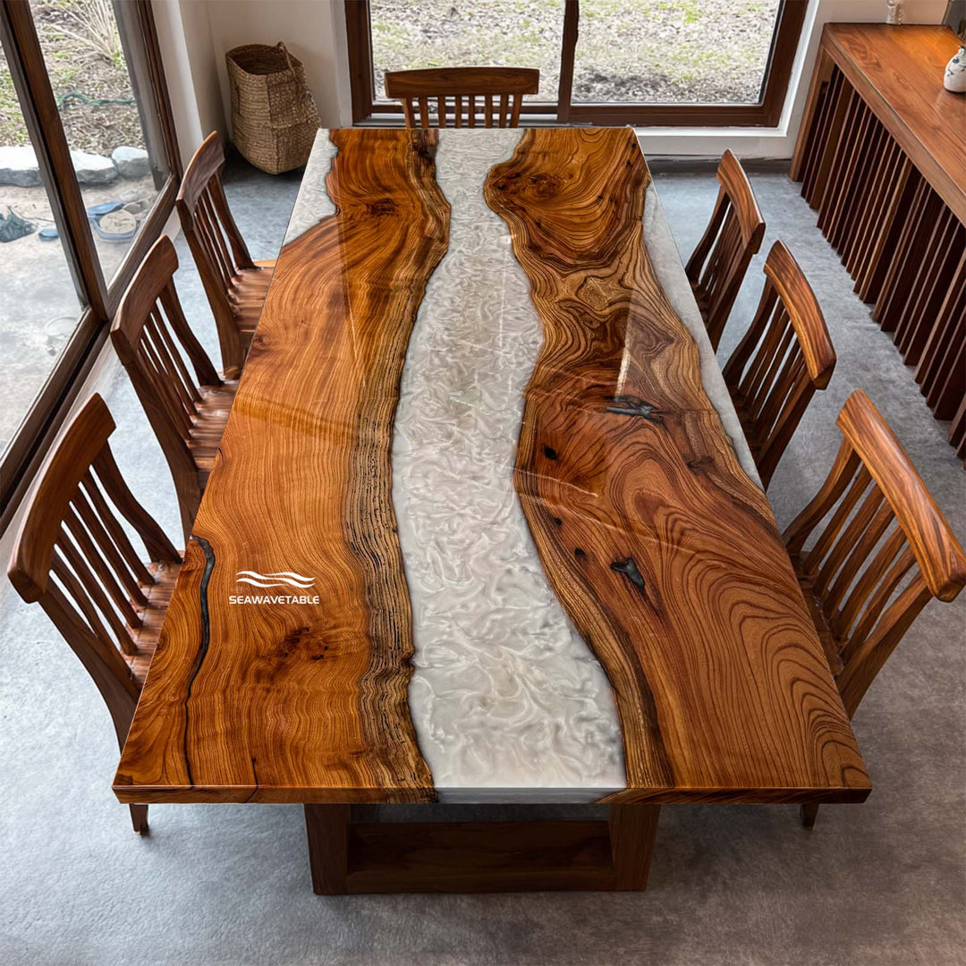 Seawavetable-Contemporary beech wood resin table with smooth high-gloss finish