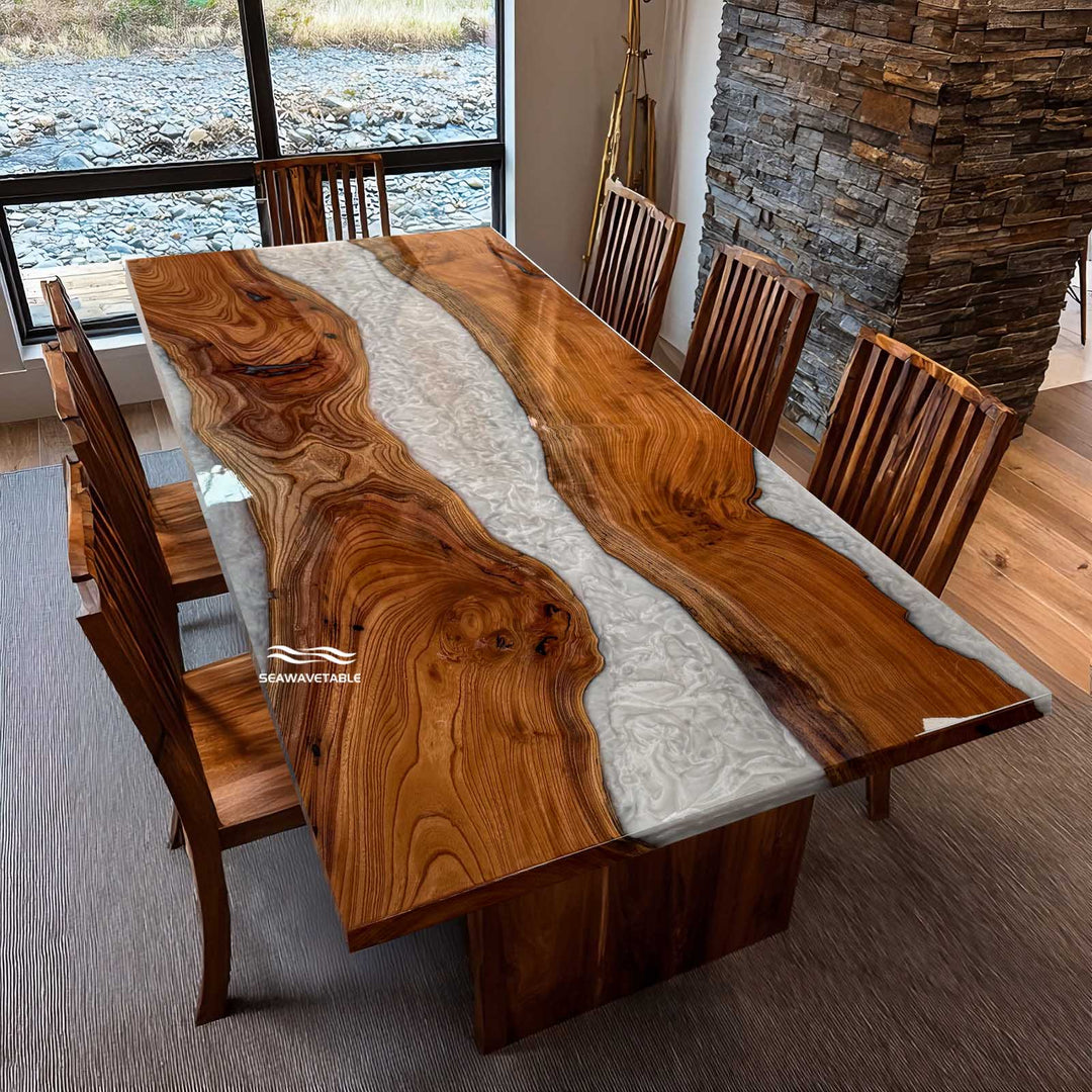 Seawavetable-Elegant white resin coffee table with natural beech wood grain