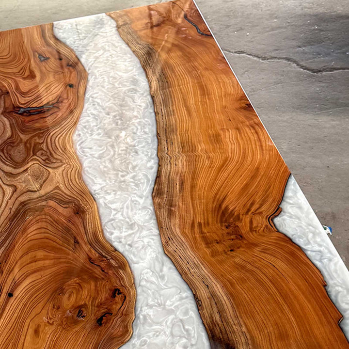 Seawavetable-Handcrafted white resin dining table with premium beech wood