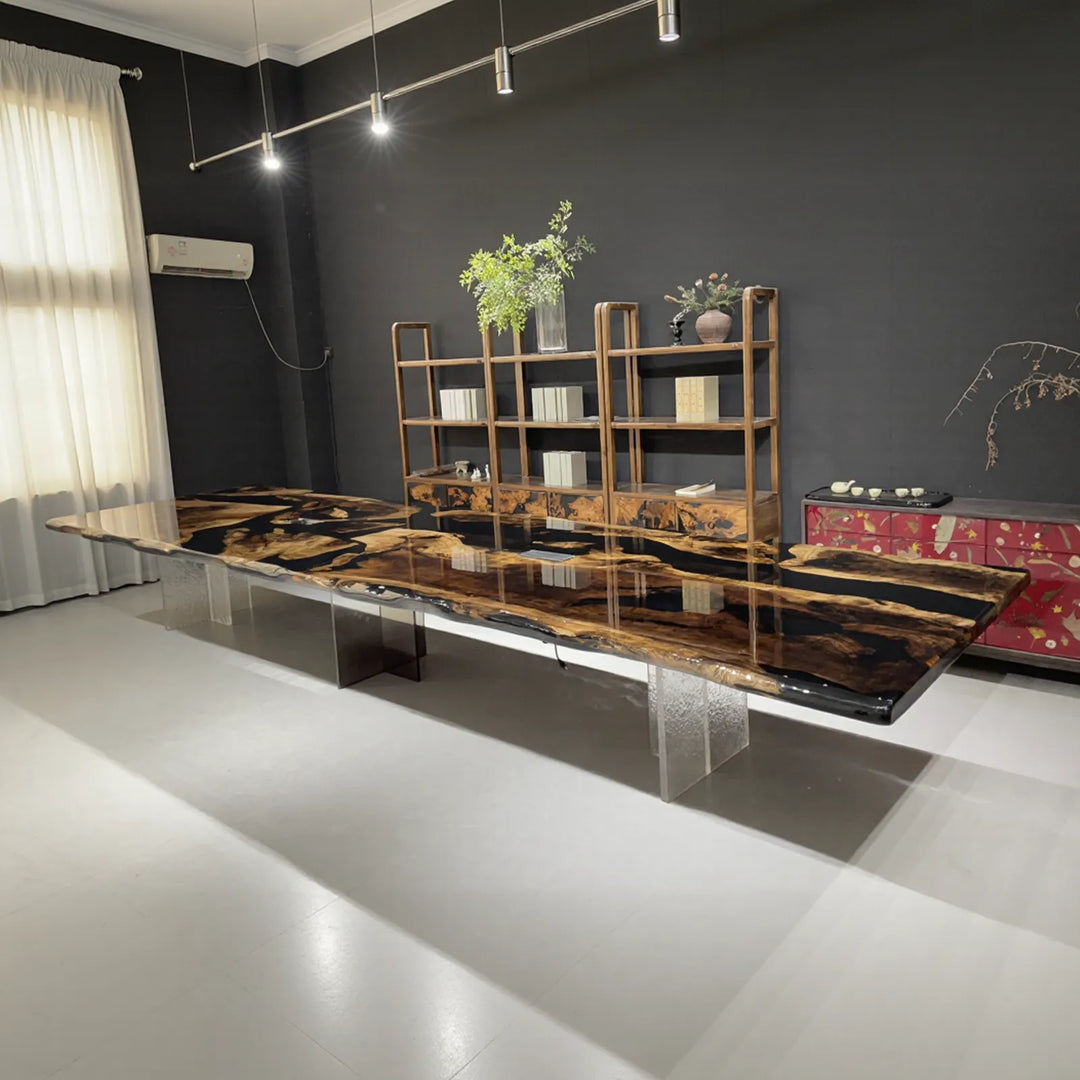 A live-edge wooden conference table with a high-gloss dark brown finish that reflects natural light streaming through expansive windows, revealing intricate grain details and subtle color variations, paired with beige chairs in a modern boardroom .