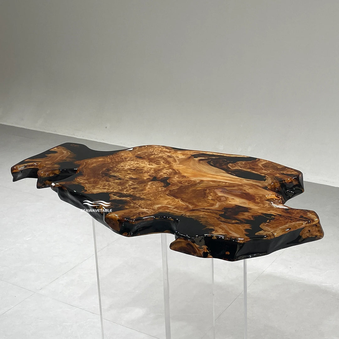 Exhibition view of a custom wooden coffee table with cunninghamia slab and black resin channel, displayed in a modern workplace environment - SeawaveTable