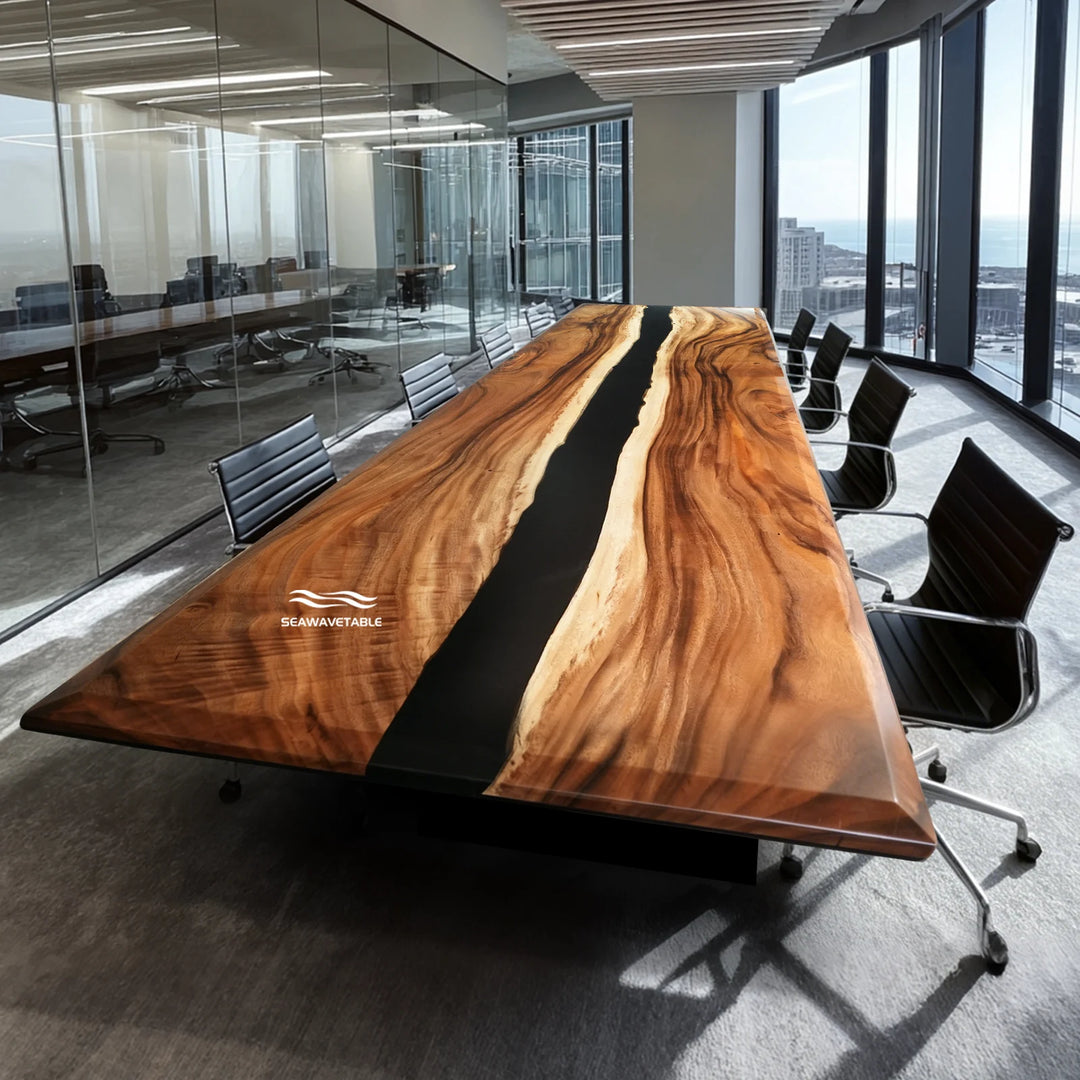 A handcrafted epoxy table with beveled-edge walnut and deep resin river, positioned in a modern executive boardroom with large windows and sophisticated office decor - SeawaveTable