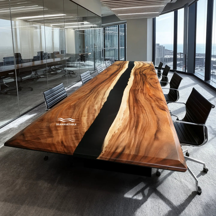 A handcrafted epoxy table with beveled-edge walnut and deep resin river, positioned in a modern executive boardroom with large windows and sophisticated office decor - SeawaveTable