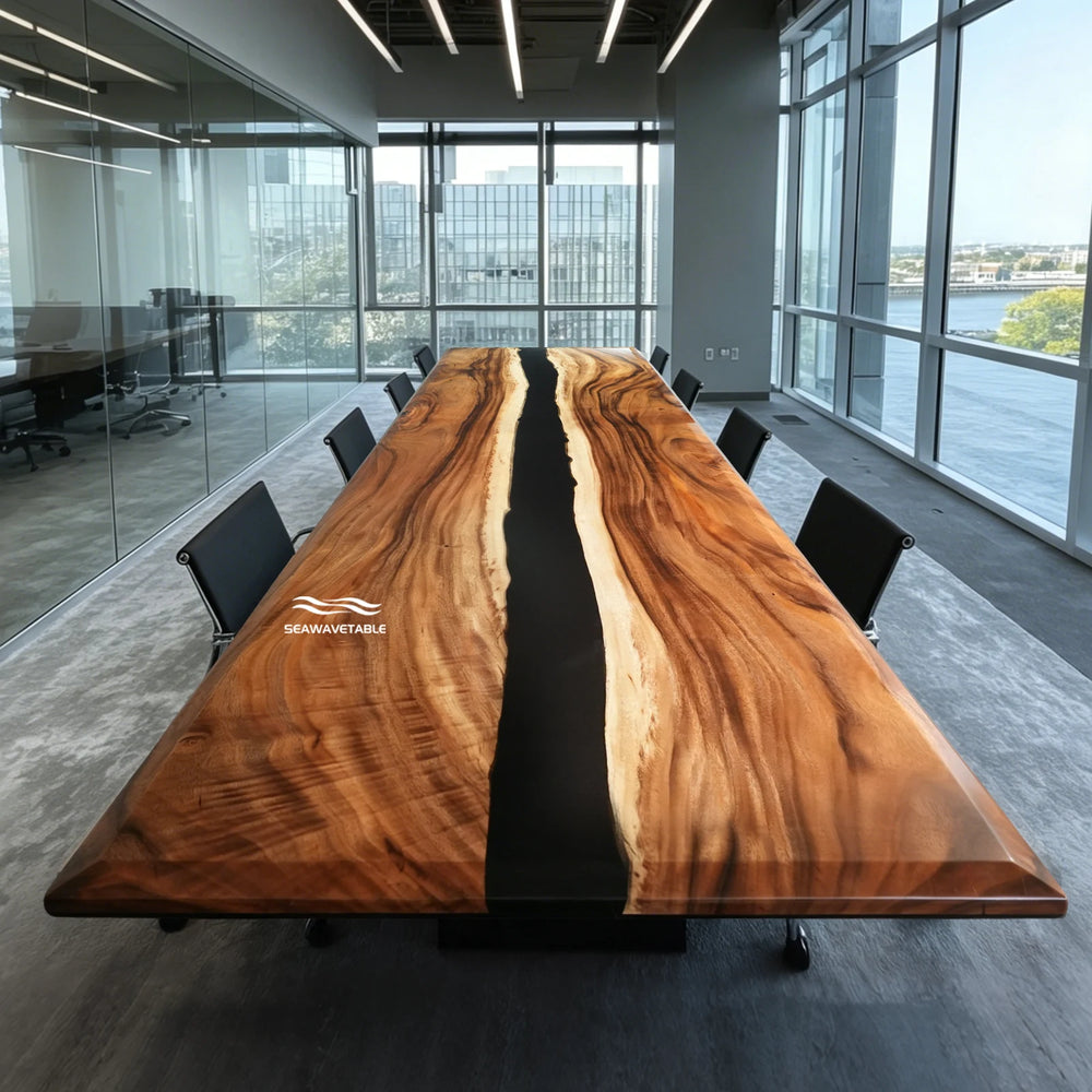 Custom wood conference table featuring a rich walnut slab with flowing black resin channel, placed in a contemporary meeting room with sleek seating and professional ambient lighting - SeawaveTable